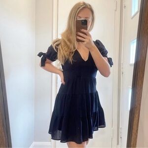 NWT Altar’d State Navy Blue V-Neck Dress with Puff Sleeves & Bow Ties Sz L